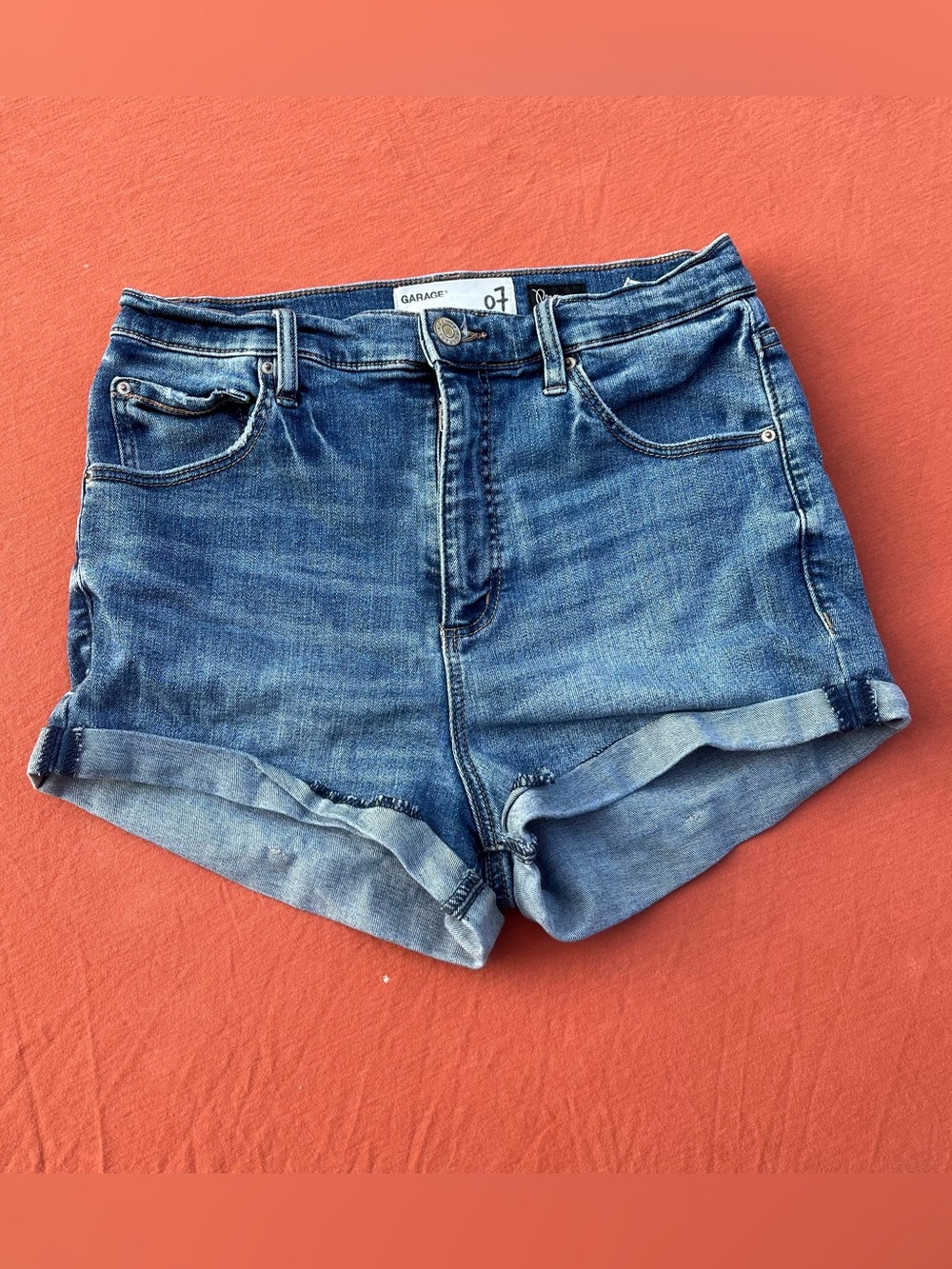 Garage Rolled-Hem Denim Shorts in Blue Wash